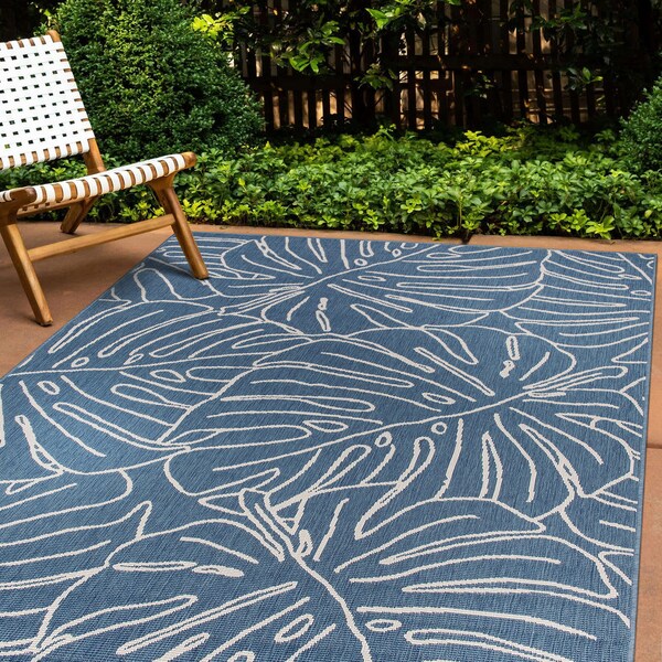 World Rug Gallery Contemporary Tropical Leaves Weather Resistant Indoor/Outdoor Area Rug 5' x 7' Blue 4031BLUE5X7 - main